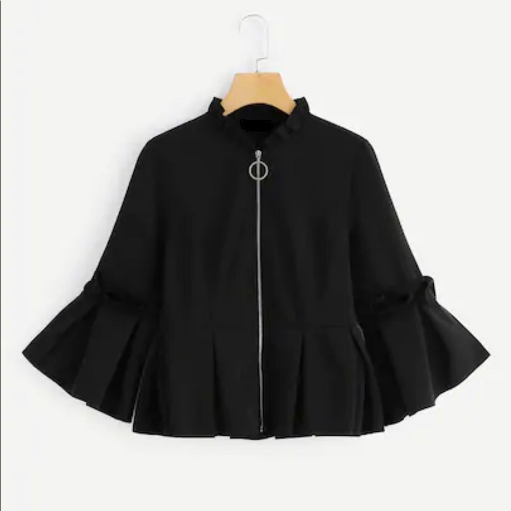 Zipper Ruffle Bell Sleeves Jacket Blazer Black